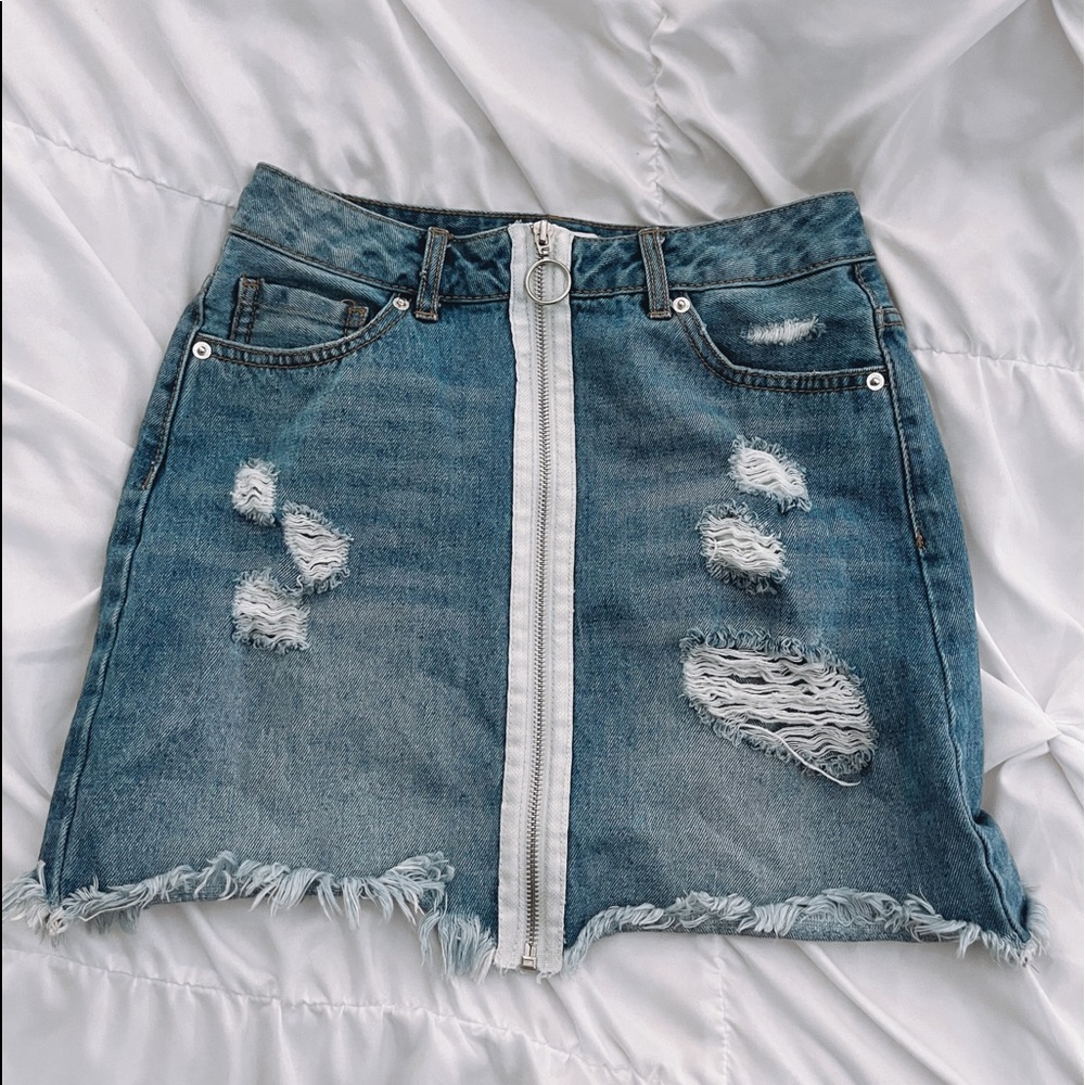 Blue Jean Zip Up Skirt with White Stripe